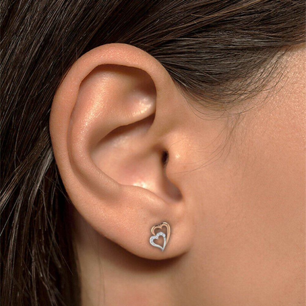 NEW 14k Rose Gold Sterling Silver Diamond Double Heart Studs - Picture 3 of 3